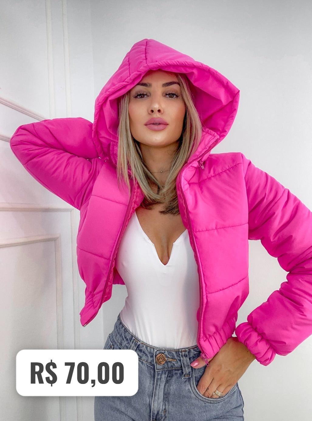 Jaqueta Feminina Puffer Neon de Frio Manga Longa